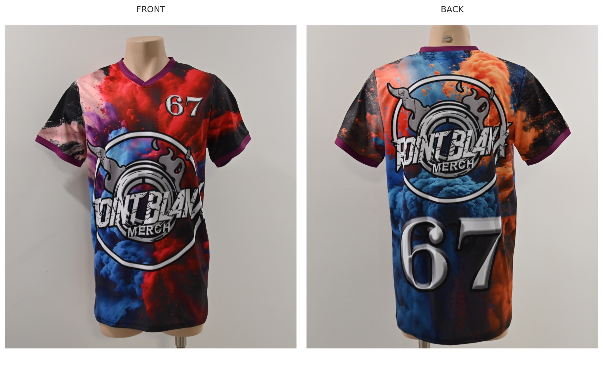 Front and back of the Point Blanx Merch 67 full-print jersey in red, blue, orange and purple